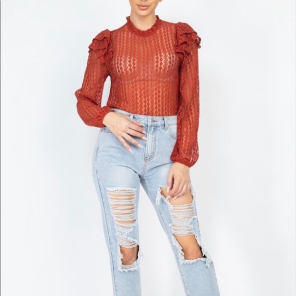 New Trendy Brick Color Sheer Crochet Mock Neck Long Sleeve Blouse - Picture 6 of 17